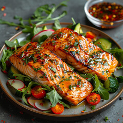 Grilled salmon steak and vegetable salad on plate. Made with generative ai.