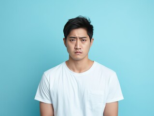 Cyan background sad asian man realistic person portrait of young teenage beautiful bad mood expression boy Isolated on Background depression anxiety fear burn out health