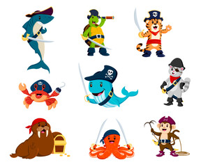 Cartoon funny sea pirate animal characters, captain and corsairs, vector sailors. Caribbean pirate animals, shark in tricorne hat, turtle buccaneer and whale filibuster or walrus with treasure chest