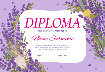 Diploma with lavender flowers for education certificate or appreciation award, vector background template. Certificate award with Provence lavender, tulip and roses in floral bunch for class workshop