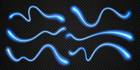 Blue neon wave line effect of light glow curves and magic flows, cartoon vector. Abstract blue neon energy trails and luminescent spray swoosh waves, light flare and wavy ray flashes with glow
