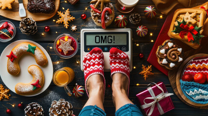 Holiday feasts can lead to weight gain, as shown by the digital scale reading with a woman's feet and the exclamation "OMG!" surrounded by Christmas treats and drinks.