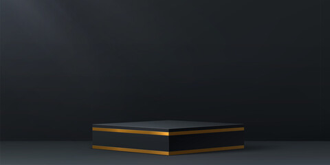 Cube black podium pedestal stage with golden frame for product display, vector showcase. Black square block platform with gold metal glitter frame borders or luxury premium podium showcase background