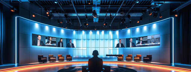 A broadcast studio with 3 seperate LED wall displaying a video conference call with fifty...
