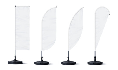 Realistic banner stand and beach flags for outdoor advertising, vector blank mockups. Beach flag banners, feather, bow or teardrop and rectangle shape stands on poles for ad promotion display