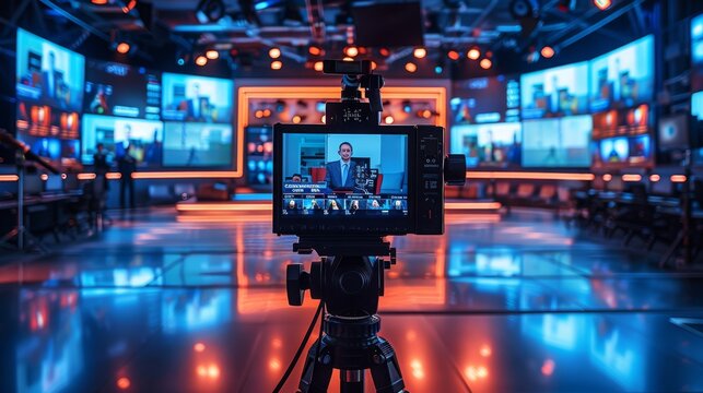 A broadcast studio with 3 seperate LED wall displaying a video conference call with fifty professionals and the main speaker before the LED wall with a camera on a tripod directed. Generative AI.