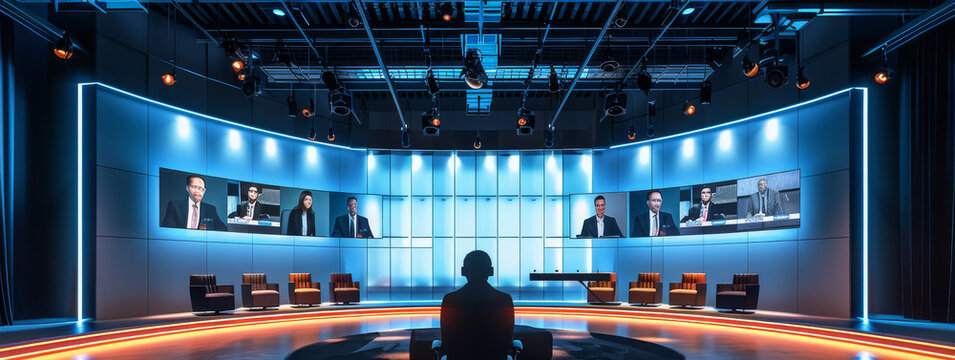 A broadcast studio with 3 seperate LED wall displaying a video conference call with fifty professionals and the main speaker before the LED wall with a camera on a tripod directed. Generative AI.