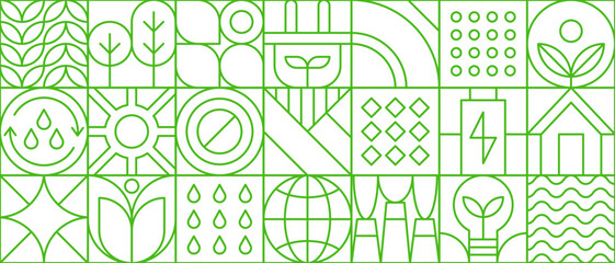 Environment nature abstract modern geometric pattern. Vector green eco-friendly grid ornament with environmental sustainability icons. Plants, trees, water droplets, recycling symbols, leaves, globe