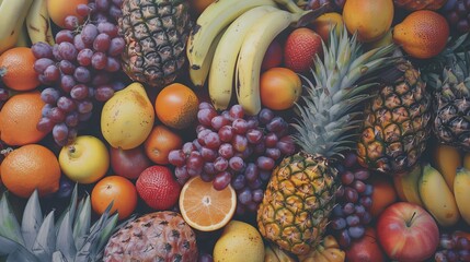 A top-down view of various fruits like pineapples, bananas, and grapes piled together with a slight...