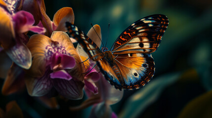 Macro view of an Amazon rainforest butterfly on an orchid, highly detailed