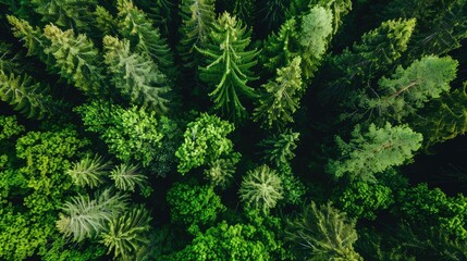 Fototapeta premium Aerial perspective of a thick, green forest with a mix of tall trees and underbrush, highlighting nature's diversity.