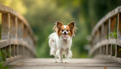 Photo of papillon dog on the wooden slide, outdoor summer background