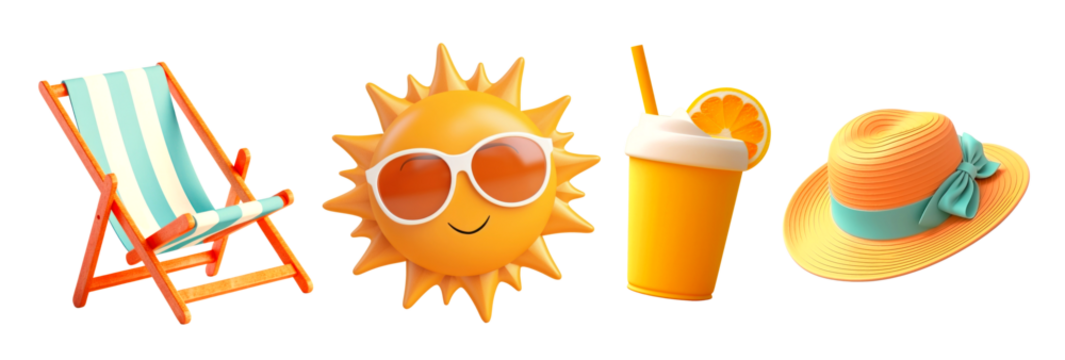 3d summer objects png element set on transparent background