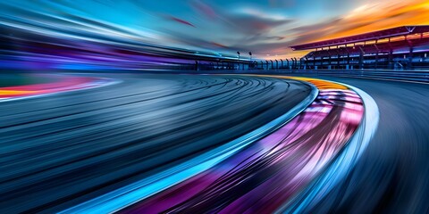 Fototapeta premium Blurred motion of an F1 race track with a grandstand. Concept Sports Photography, F1 Racing, Grandstand Views, Motion Blur, Action Shots