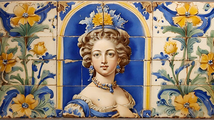 18th century Portuguese ceramic tile art depicting beauty paintings.