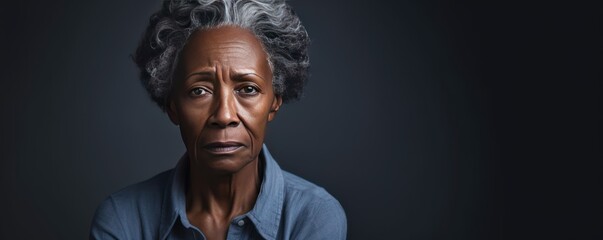 Indigo background sad black american independant powerful Woman realistic person portrait of older mid aged person beautiful bad mood expression 