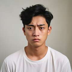 Ivory background sad asian man realistic person portrait of young teenage beautiful bad mood expression boy Isolated on Background depression anxiety fear burn out health