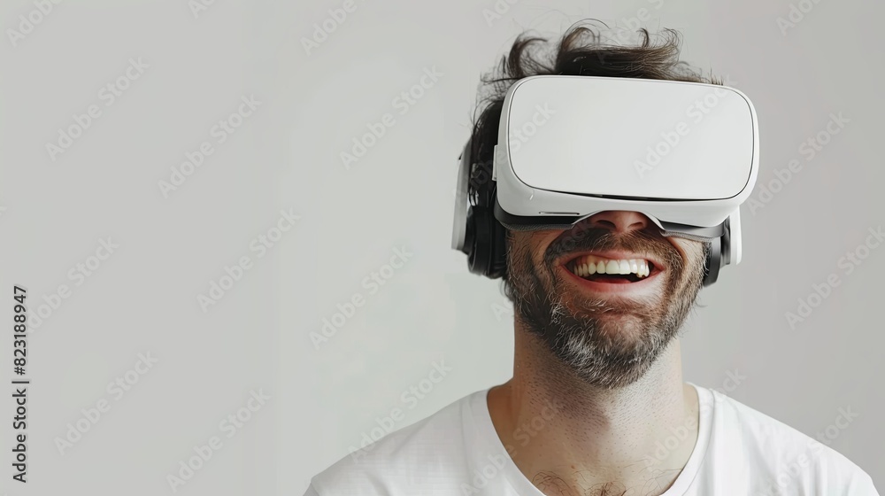 Poster A joyful man in a white shirt interacts with virtual reality using VR glasses in a minimalist setting. Generative AI