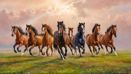 High resolution seven horses wall art poster for wall decoration, seven horses images illustration.