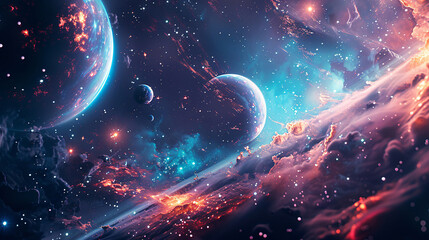 Dreamy astronaut floating in space, with a glowing helmet and purple stars