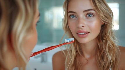 Morning Ritual Woman Reflects on Health and Hygiene while Brushing Teeth with a Vibrant Red Toothbrush