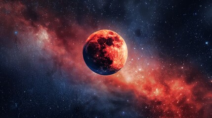 Total lunar eclipse showing the moon in deep red color, framed against star-filled sky, emphasizing vivid color contrast and celestial wonder. Concept of eclipse, space phenomena, astronomy event