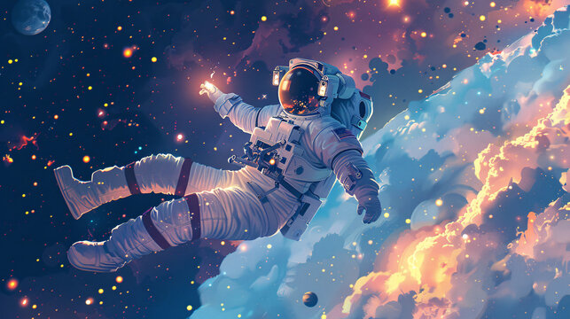 Dreamy astronaut floating in space, with a glowing helmet and purple stars