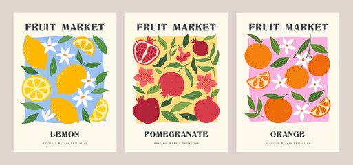 Fruit Market abstract retro posters set. Trendy contemporary wall arts with lemon, pomegranate orange in bright colors. Modern naive groovy interior painting. Hand drawn vintage fruits and plants.