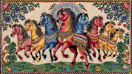 High resolution seven horses wall art poster for wall decoration, seven horses images illustration.