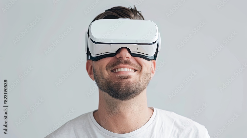 Poster a man joyfully explores a virtual world through his vr glasses on a flat white background. generativ