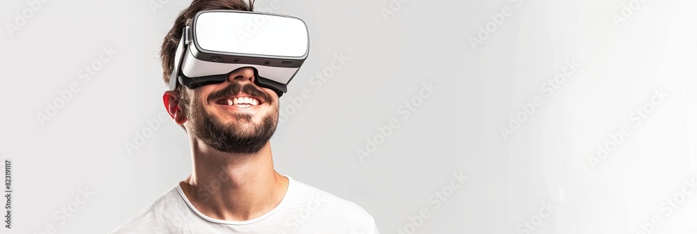Poster a man exudes joy while wearing innovative virtual glasses in a futuristic setting. generative ai