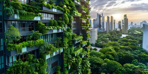 Obraz premium Modern city with sustainable green architecture ecofriendly design vertical gardens and ne. Concept Ecofriendly Architecture, Vertical Gardens, Sustainable Design, Modern Green City