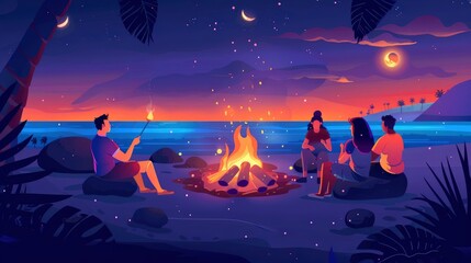 A Beach Bonfire Party With Friends Roasting Marshmallows And Sharing Stories, Cartoon ,Flat color