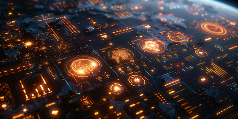 Obraz premium Close-up of conceptual engineering and business synergy visualized with digital interfaces and global maps, high-resolution, high-definition (HD), ultra high-definition (UHD), professional-grade