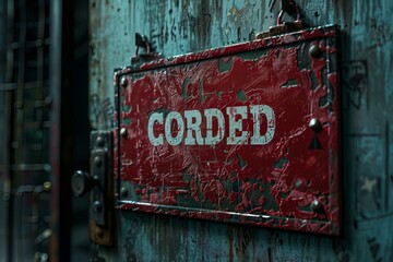 Red sign saying corded on blue door