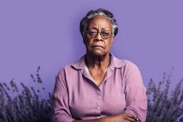 Lavender background sad black american independant powerful Woman realistic person portrait of older mid aged person beautiful bad mood expression 