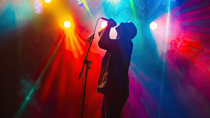 Shadowy figure of a lead singer performing under colorful concert lights, capturing the energy of the show.