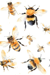 Cute watercolor seamless pattern with honey bee 