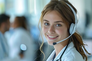 Woman in white coat smiling with headset in office