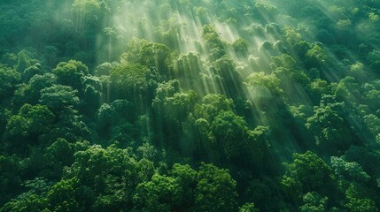 Fototapeta premium Top-down view of a vast, lush forest with patches of sunlight breaking through the canopy, creating a beautiful pattern.
