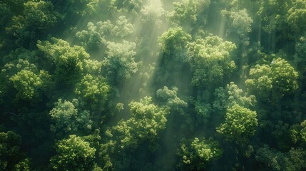 Top-down view of a vast, lush forest with patches of sunlight breaking through the canopy, creating a beautiful pattern.
