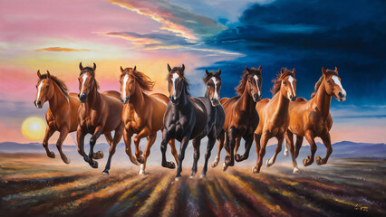 High resolution seven horses wall art poster for wall decoration, seven horses images illustration.