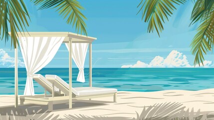 A Beach Cabana With White Curtains Fluttering In The Breeze, Cartoon ,Flat color