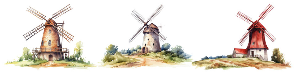 Cartoon windmill png element set on transparent background