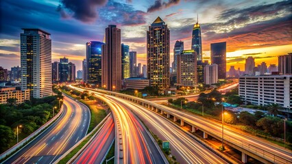 Light Traffic Flow on Evening Highway in City with Modern High Buildings