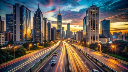 Obraz premium Evening Cityscape with Light Traffic Flow on Modern Highway
