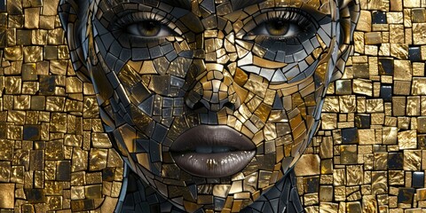 Mosaic Face Art with Gold Accents