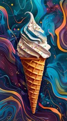 Close-up of a vibrant blue and white soft serve ice cream cone against a colorful, swirling background.