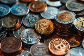 Pile of coins with bitcoin on top