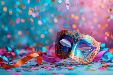 Close up of carnival mask on table with confetti